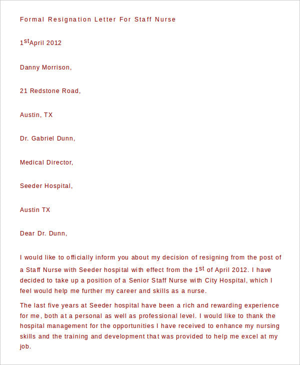 formal resignation letter for staff nurse