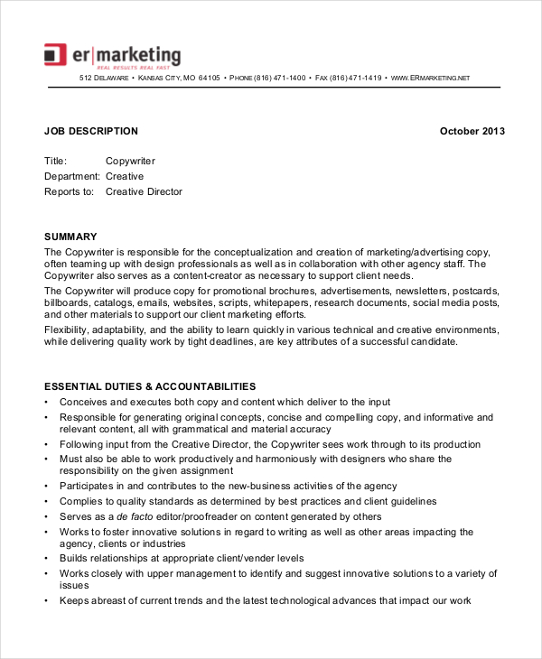 10+ Copywriter Job Description Templates PDF, DOC