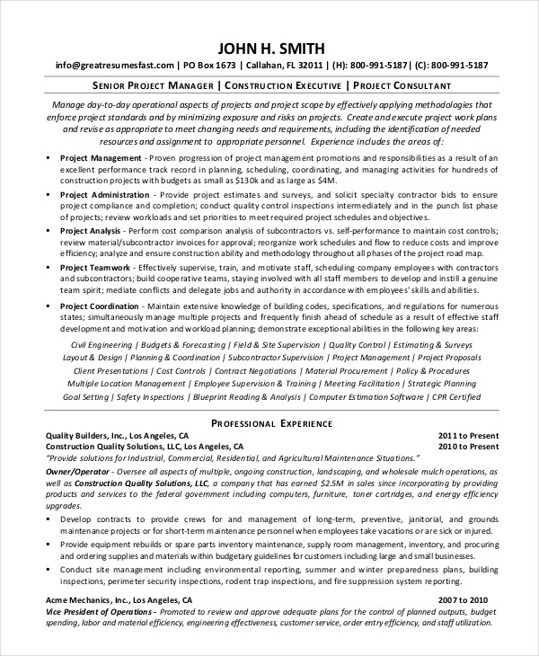 16 FREE Construction Resume Example PDF DOC