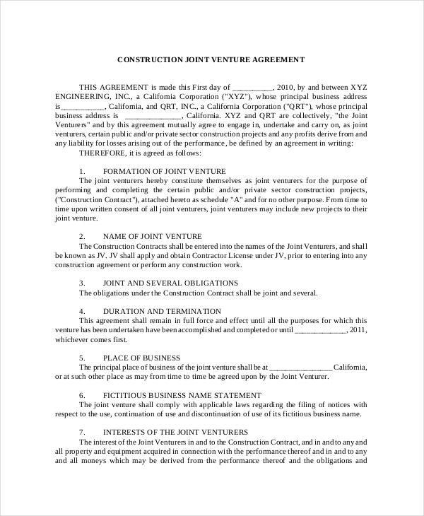 contractual joint venture agreement template