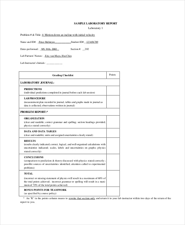 standard lab report template example
