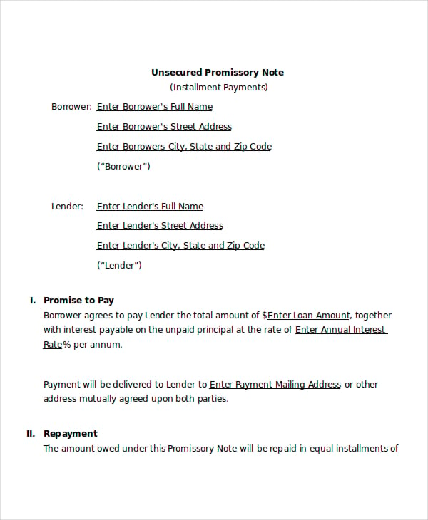 unsecured promissory note