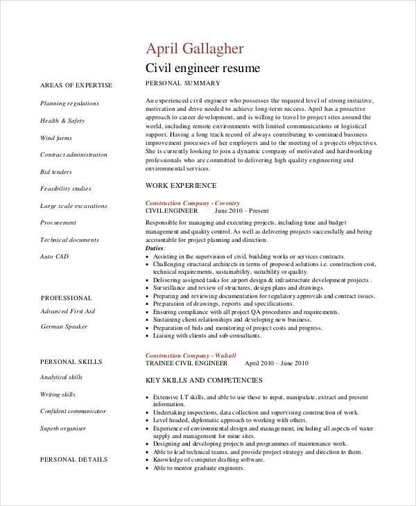 civil engineering resume format