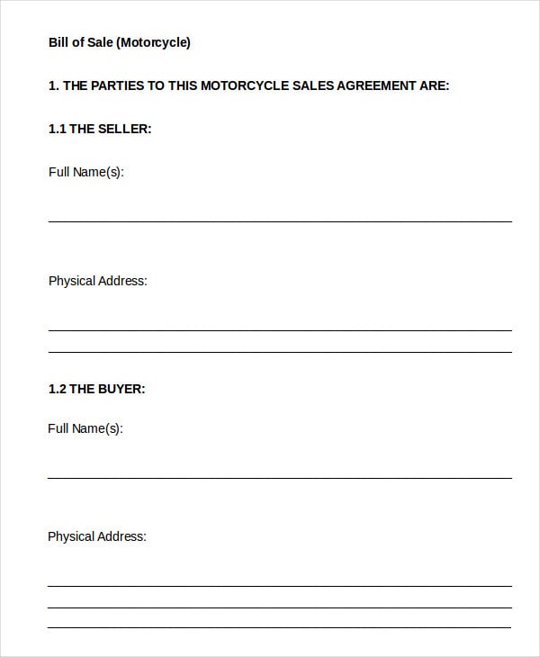 blank bill of sale for motorcycle template