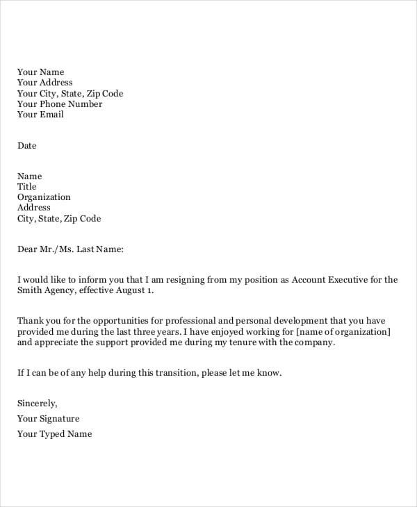 professional two weeks notice letter