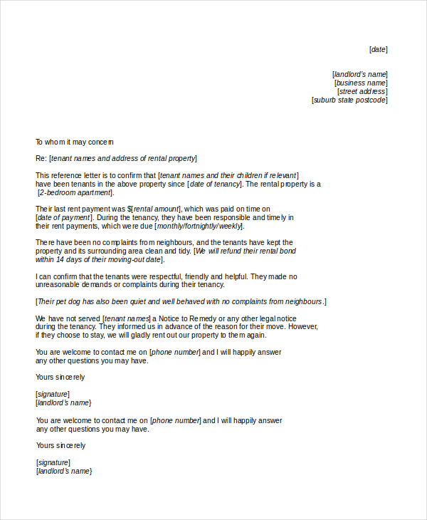 landlord tenant reference letter