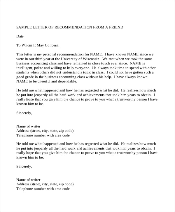 professional reference letter for a friend
