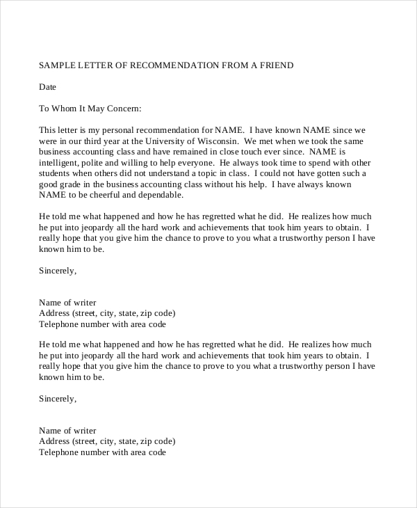 Format For Professional Reference Letter