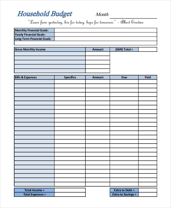 household budget list template