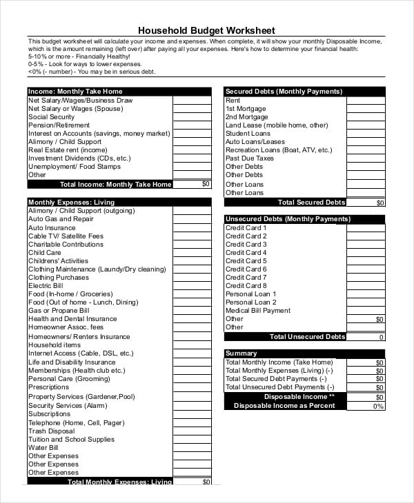 household income budget template