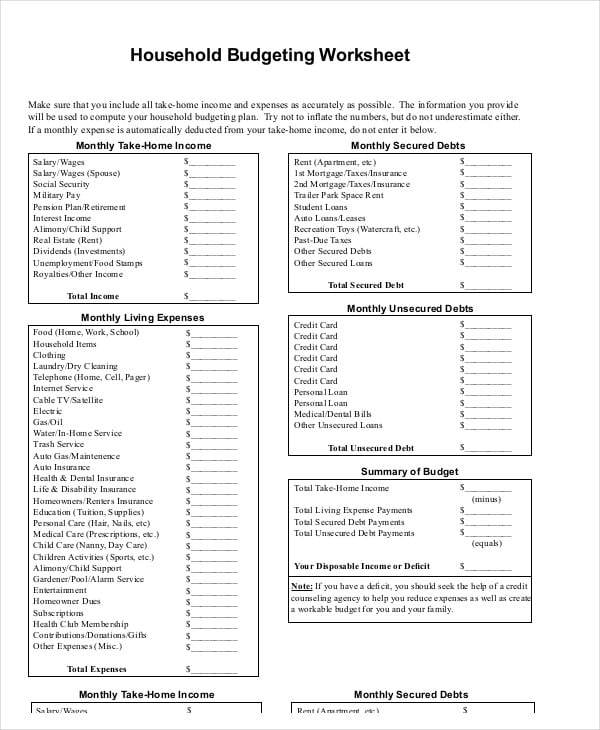 download printable household budgeting worksheet