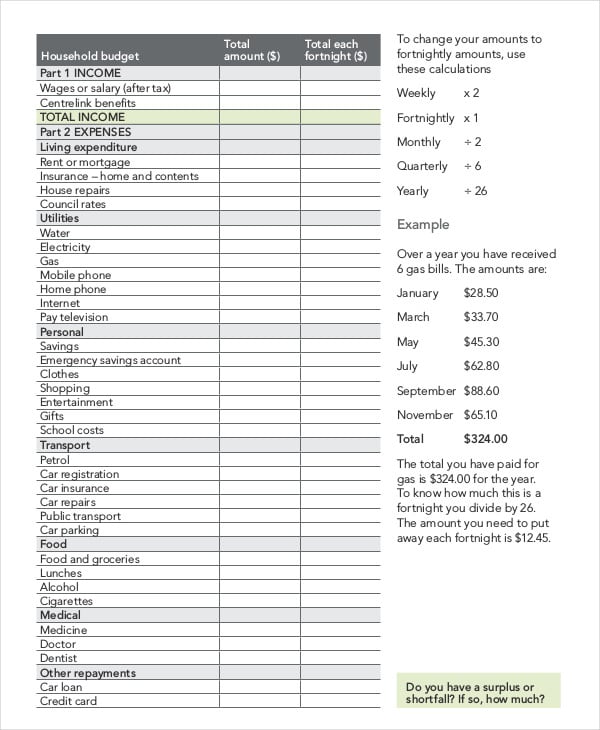 free household budget template