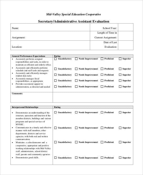 administrative assistant performance review template