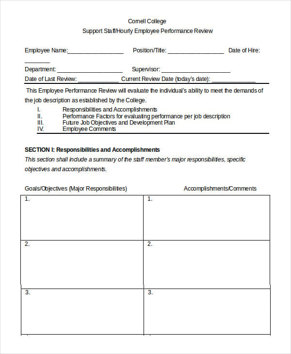 hourly employee performance review template