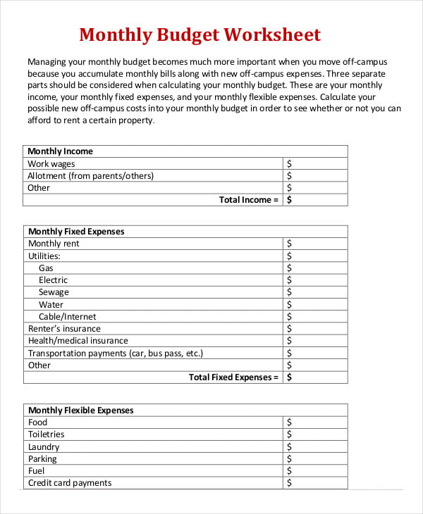 monthly budget expense worksheet