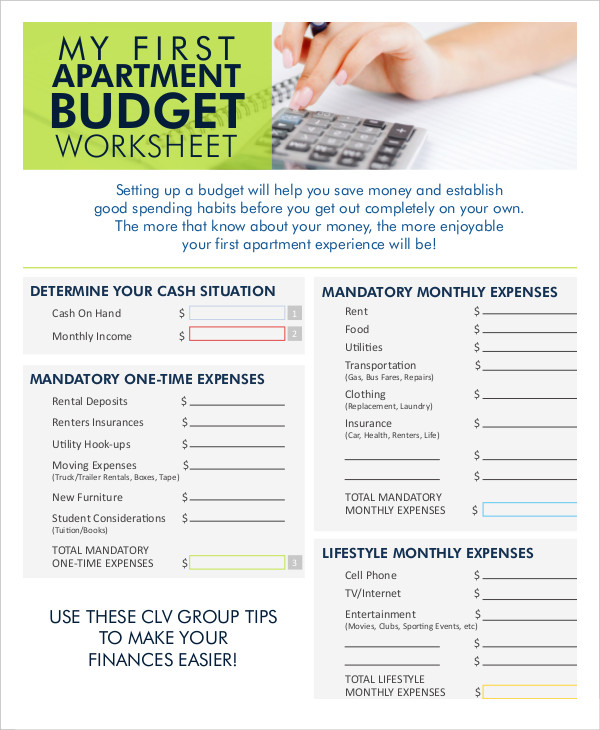 Beginner First Apartment Budget Worksheets