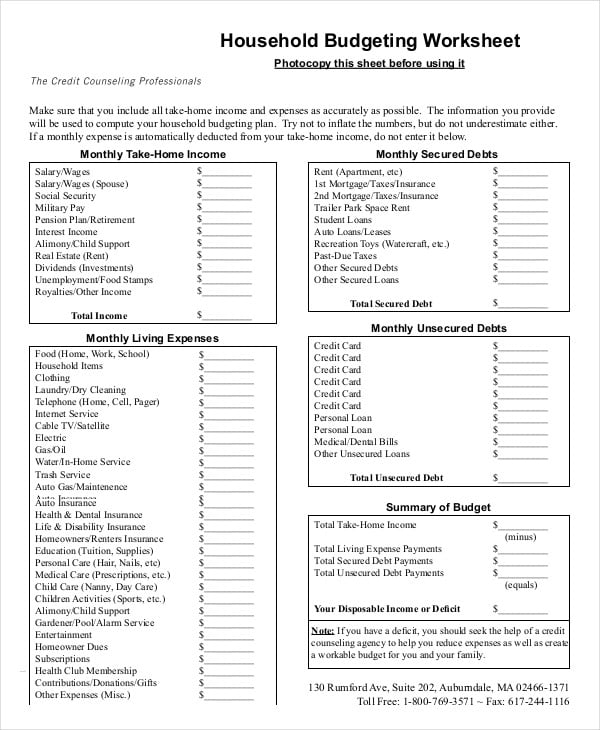 household monthly budget worksheet