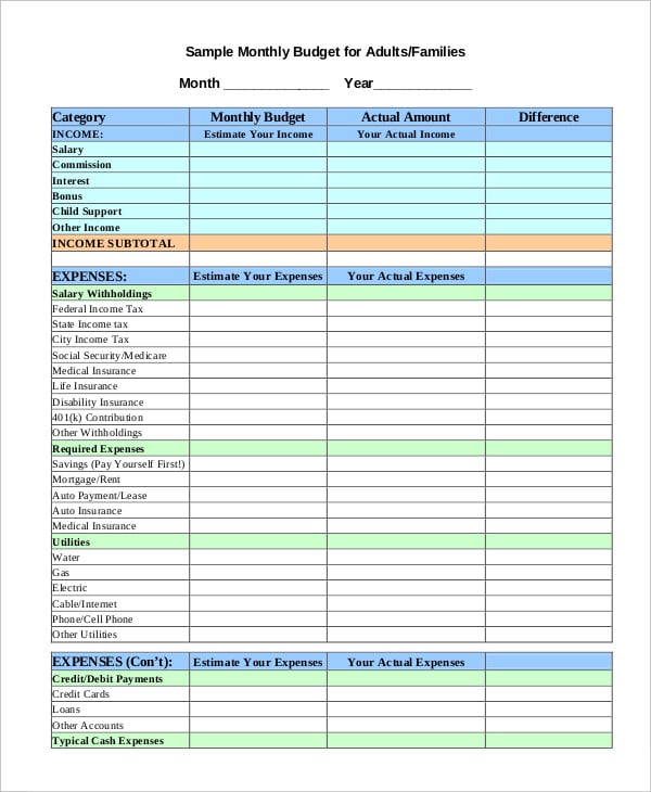 monthly family budget worksheet