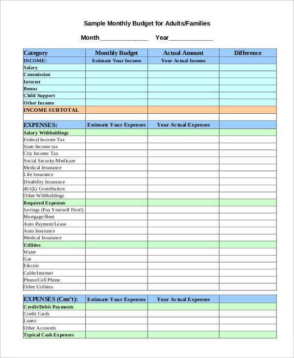 simple monthly household budget template