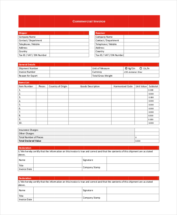 commercial shipper invoice template