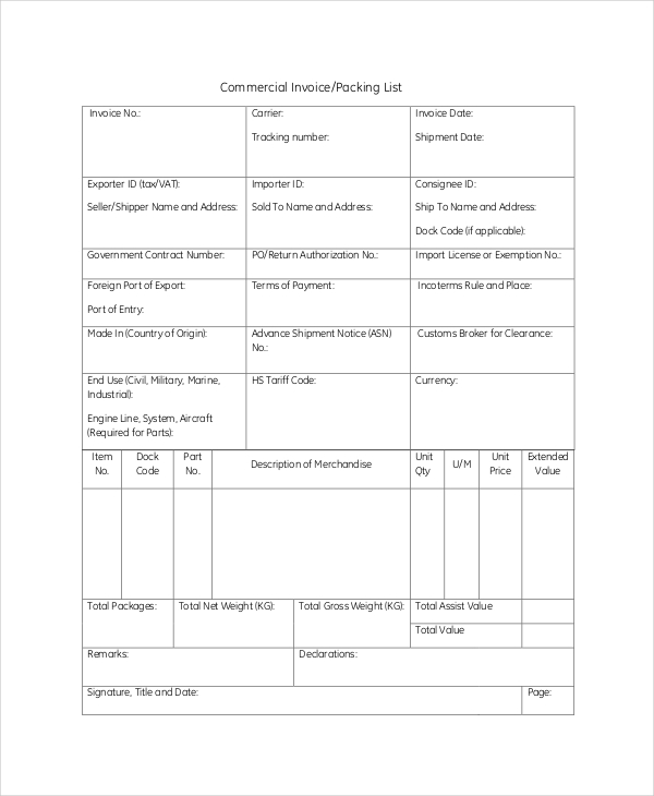 customs commercial invoice template