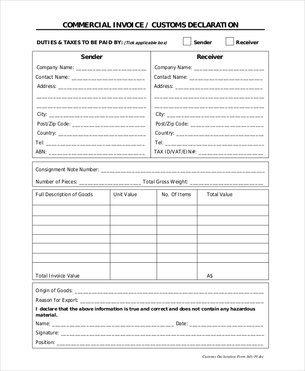 commercial invoice custom decleration