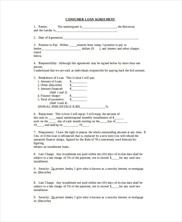 consumer loan agreement template