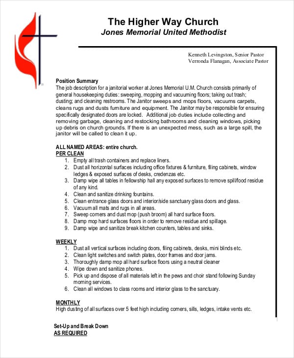 church janitor job description