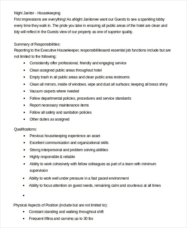 9+ Janitor Job Description Templates PDF, DOC