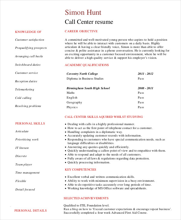 Call Center Resume Example 11+ Free Word, PDF Documents Download