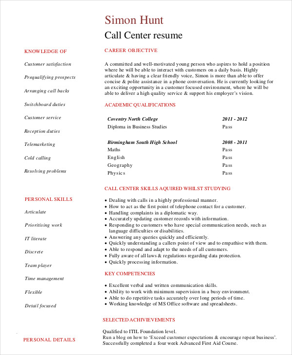 Call Center Resume Example 11 Free Word PDF Documents Download