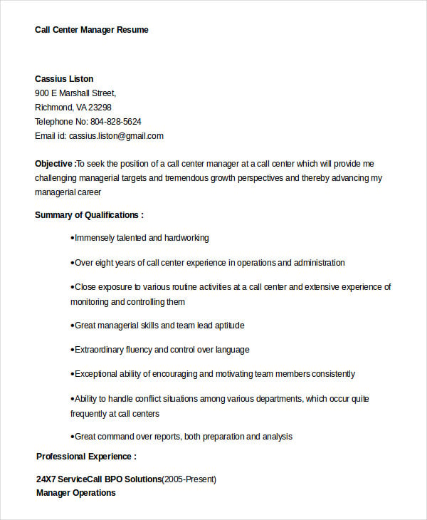 Call Center Resume Example 9 Free Word Pdf Documents Download