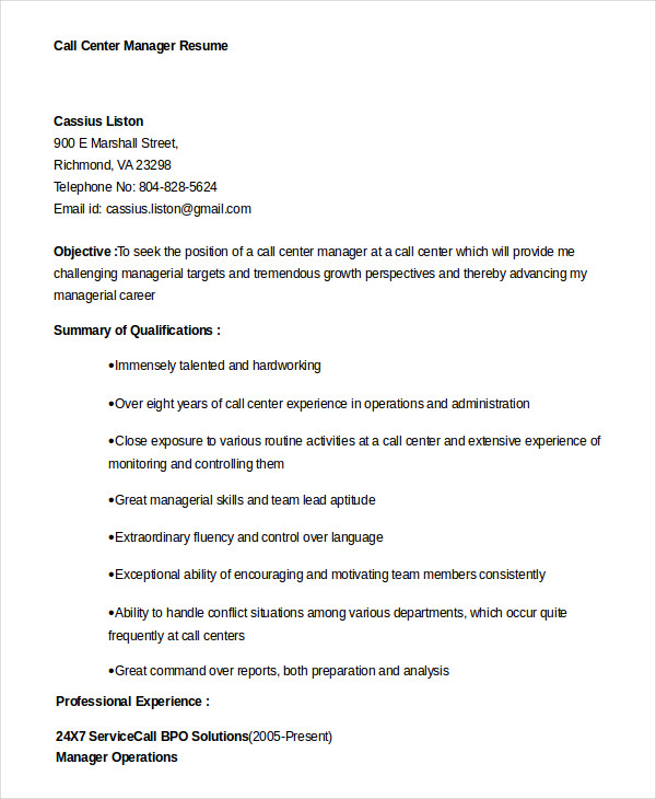 Call Center Resume Example 11+ Free Word, PDF Documents Download