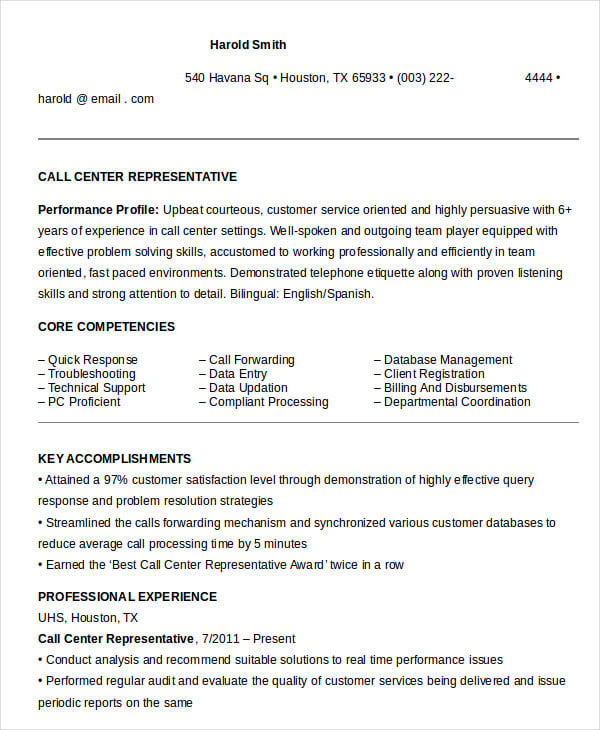 example of resume for applying call center agent