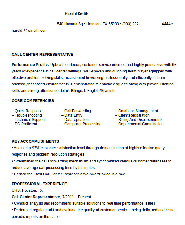 Call Center Resume Example - 11+ Free Word, PDF Documents Download