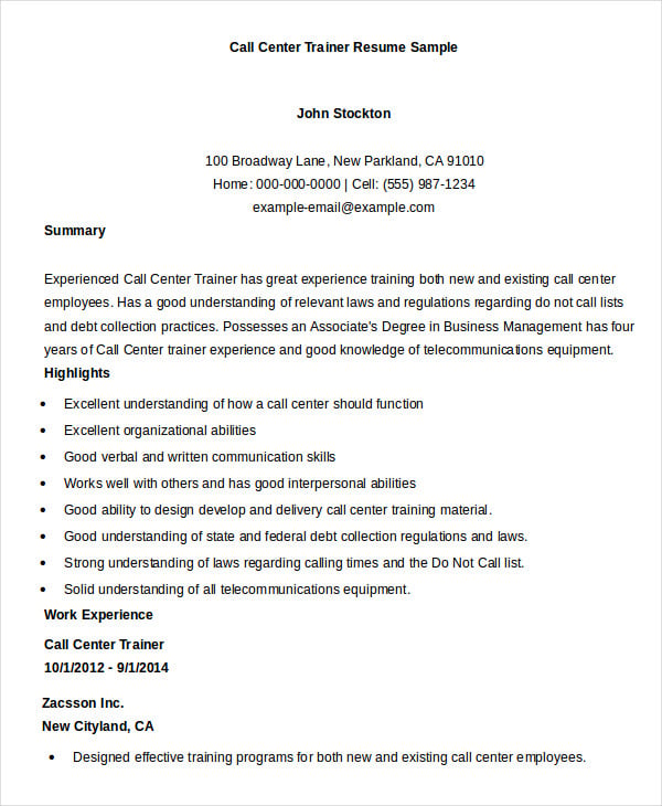 resume for call center trainer