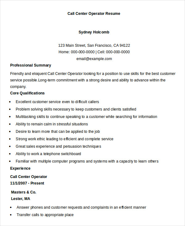 resume format for call center job