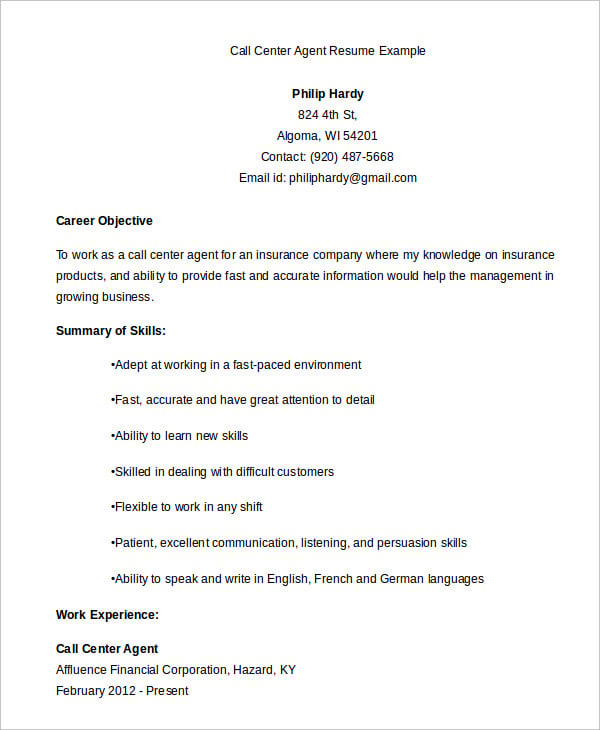 call-center-agent-resume-example