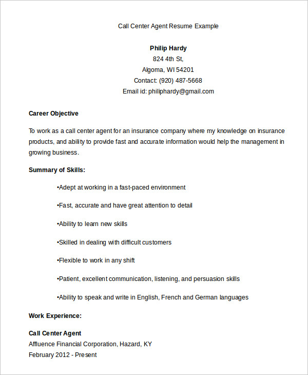 Call Center Resume Example 11 Free Word Pdf Documents