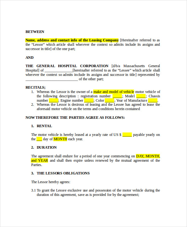 standard vehicle lease agreement template