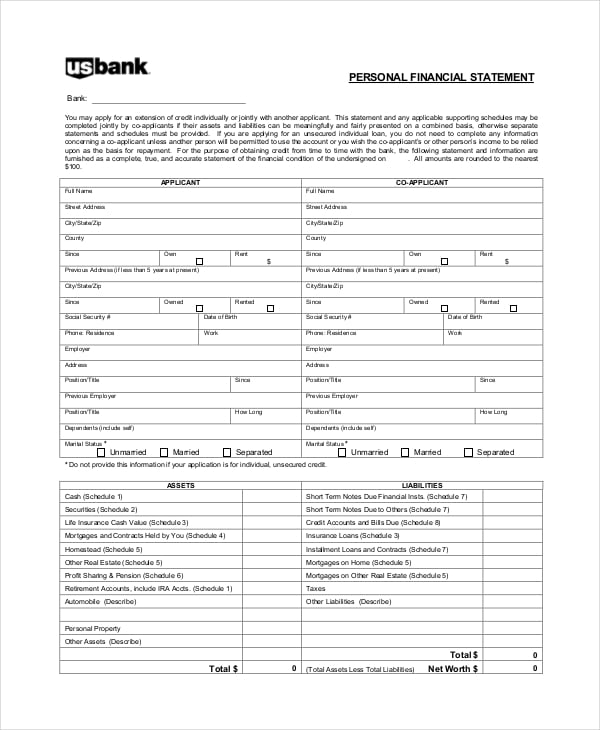 basic personal financial statement form