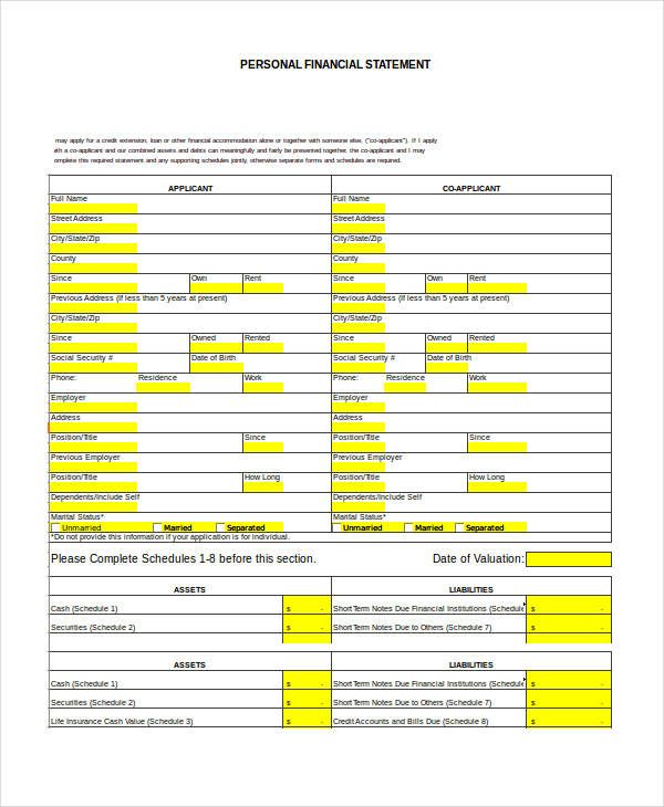 Blank Personal Financial Statement Template