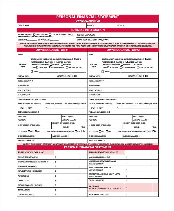 business personal financial statement form