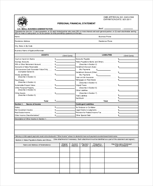 standard personal financial statement form