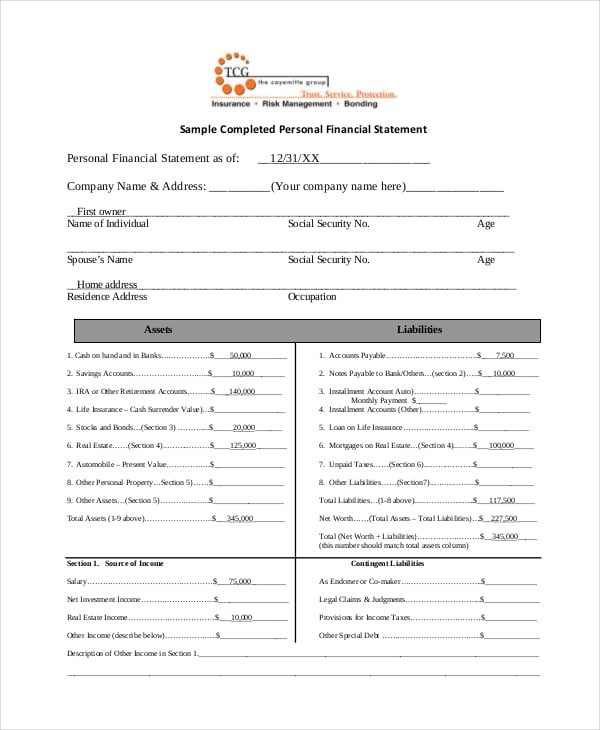 completed personal financial statement form