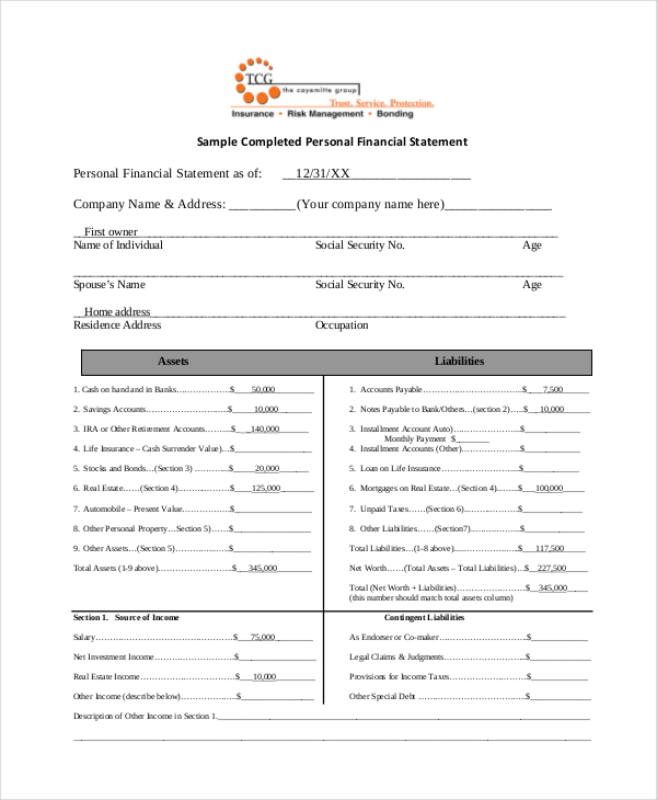 completed personal financial statement form