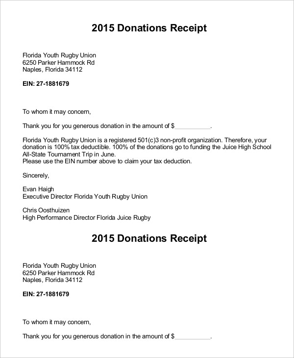 donation receipt letter sample