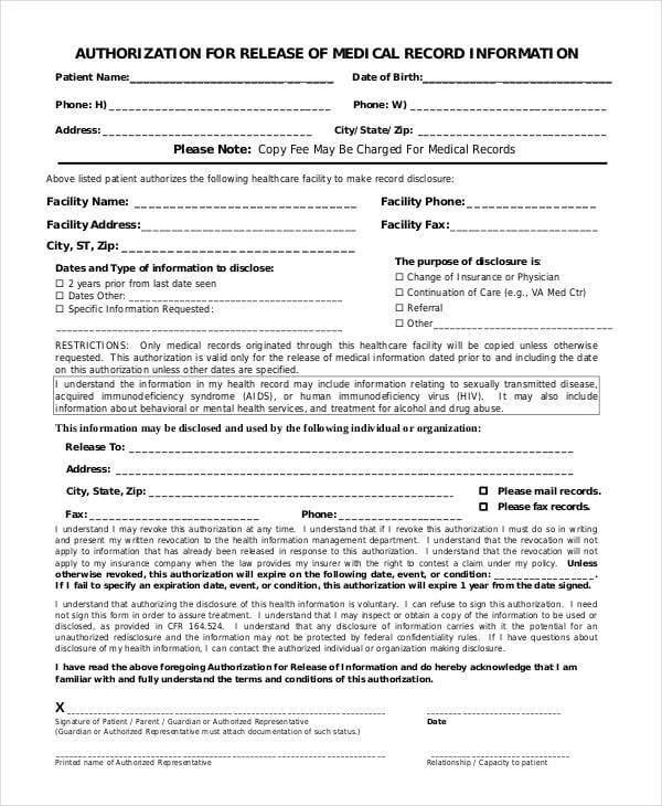 medical authorization release of medical record information form