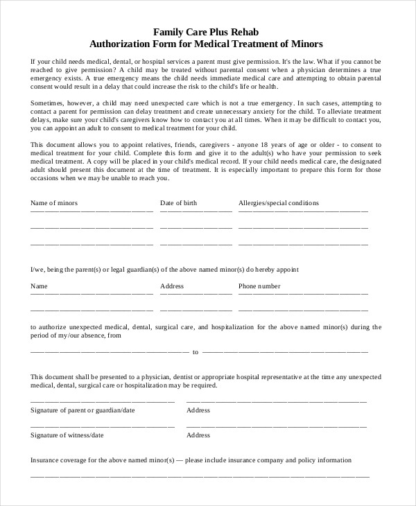 Printable Medical Authorization Form Printable Forms Free Online 8341