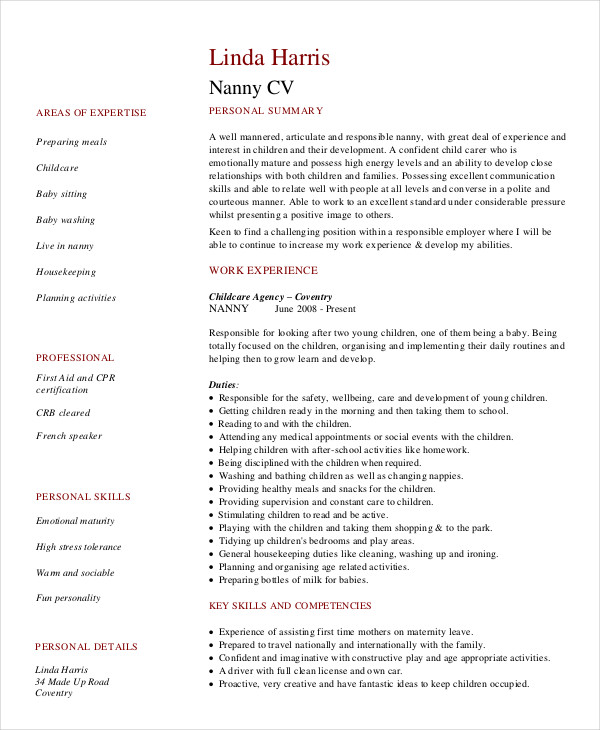 10 Nanny Resume Templates PDF DOC   Professional Nanny Resume 